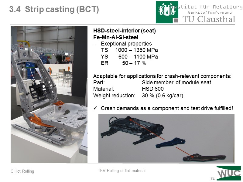 74 3.4  Strip casting (BCT) HSD-steel-interior (seat) Fe-Mn-Al-Si-steel Exeptional properties   